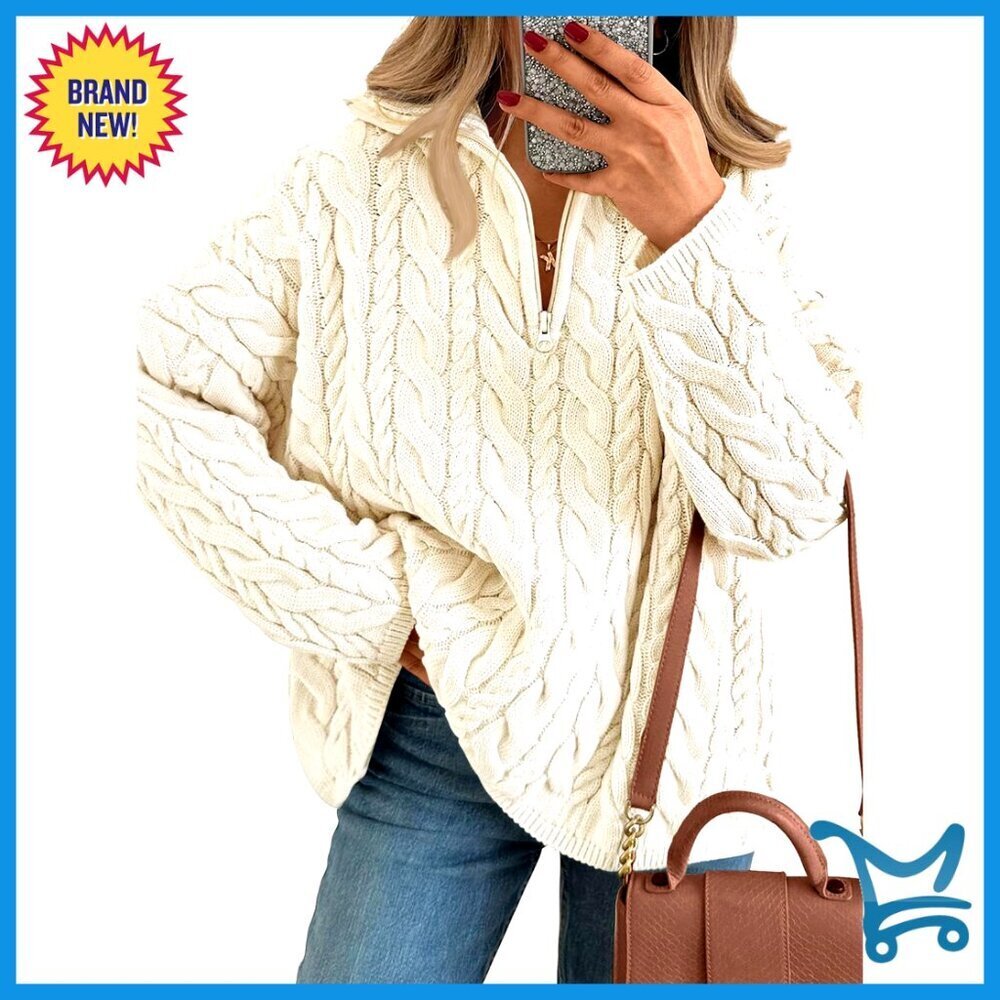 Oversized Cable Knit Quarter Zip Pullover Sweater Classic Chic Preppy